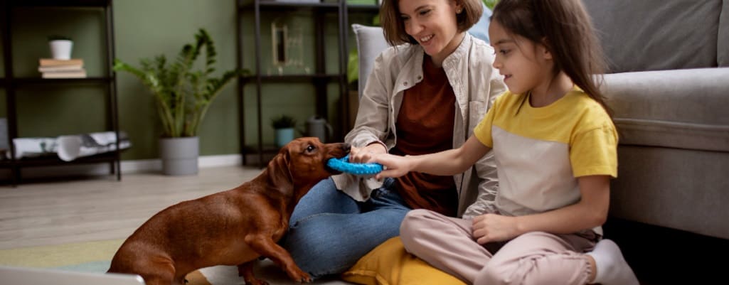 femme et enfant qui jouent avec un chien