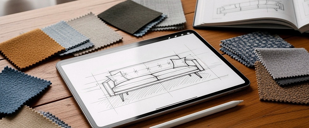 une tablette tactile affichant un un logiciel de décoration intérieur