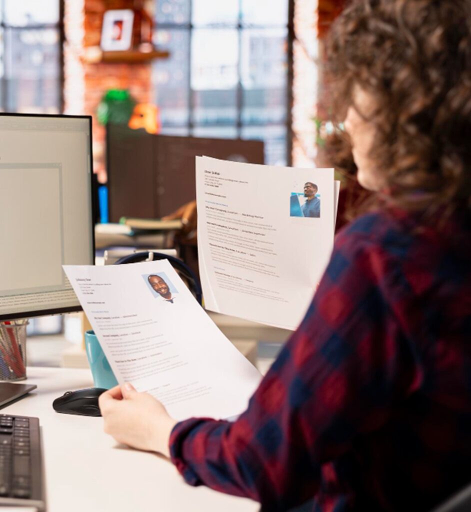 une femme examinant des CV entre ses mains